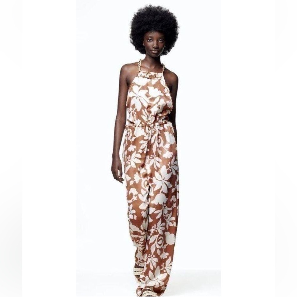 Zara Printed Jumpsuit Floral Satin Wide Leg With Neck Chains Blogger Fave - Picture 3 of 7